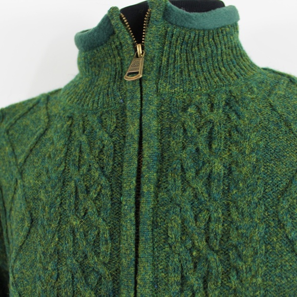 New Mens Aran Zip Front Wool Sweater Blue Green L - Picture 7 of 9